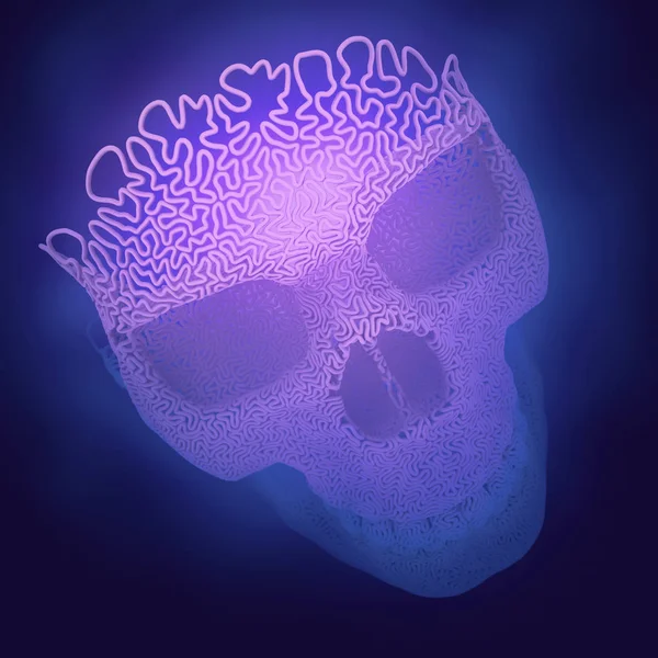 Computador gerado crânio fio plástico abstrato cercado por névoa azul. Padrão geométrico moderno. Renderização 3d — Fotografia de Stock