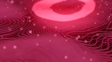 Pembe renkli deforme dalgalı teller hareket parlayan elemanları ile. Alan derinliği. 3d render döngü animasyon. 4k, Uhd.