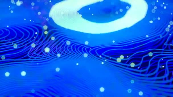 Kék színű deformált hullámos drótok Motion izzó elemekkel. Mélységélesség. 3D renderelés hurok animáció. 4k, Uhd. — Stock videók