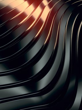 Dalga bandı soyut arka plan. Koyu metalik yüzeyüzerinde parlak turuncu renkli yansımalar. 3d render