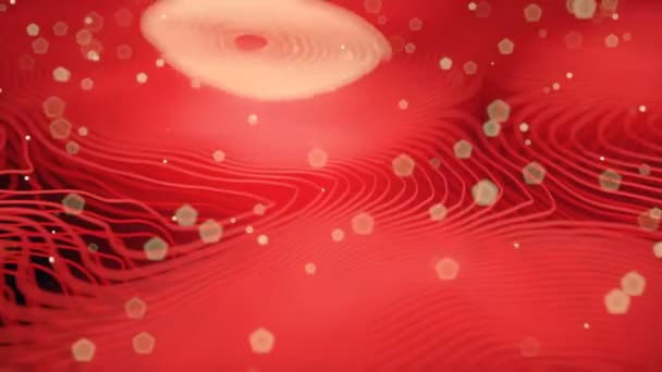 Красный Цвет Абстрактного Фона Яркими Частицами Деформированные Волнистые Провода Движущимися — стоковое видео