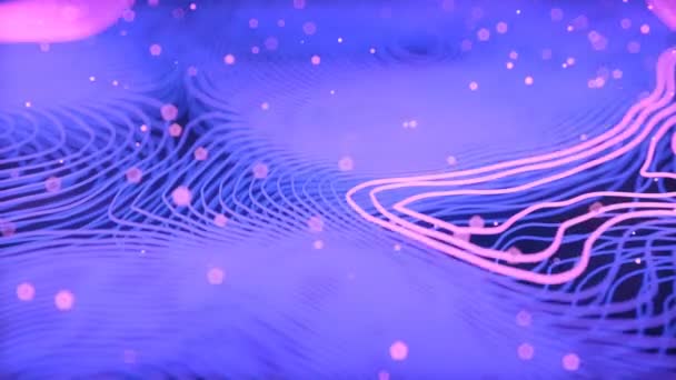 Blue colored deformed wavy wires with motion glowing elements. Depth of field. 3D render loop animation. 4K, UHD. — Stock Video