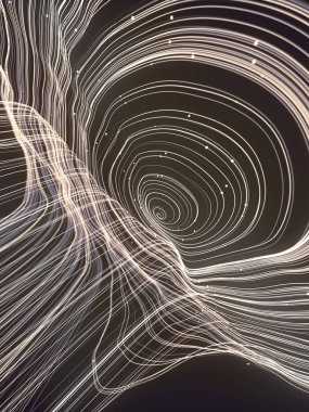 Karanlık bir arka plan üzerinde küçük boncuklar ile Sihirli dalgalı halkalar. Alan derinliği. 3d render