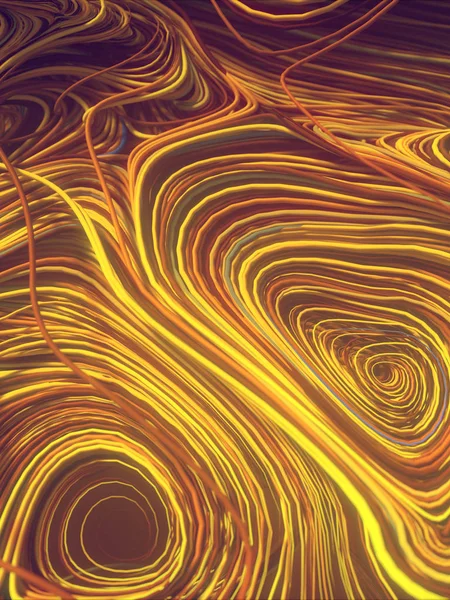 Переплетение абстрактных жёлтых кривых. Созданный компьютером геометрический шаблон. 3D рендеринг — стоковое фото