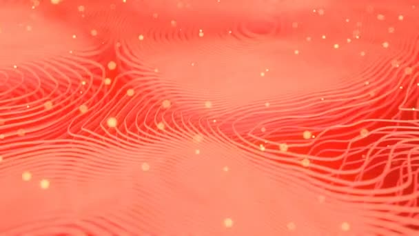 明るい粒子とピンク色の抽象的な背景 モーショングローイング要素を持つ変形波状ワイヤ 被写界深度 レンダリング ループ アニメーション ウルトラHd解像度 — ストック動画