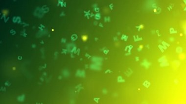 Yeşil ve sarı renkli degrade arka plan üzerinde soyut uçan harfler ile Animasyon. Bilim, eğitim kavramı. Bokeh etkisi ile hareket tasarımı. 3d render. HD çözünürlüğü