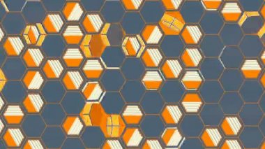 Koyu bir arka plan üzerinde renkli petek deseni rastgele rotasyon. Düz grafik tasarım. Dijital modern soyut döngü animasyon. 3d render. HD çözünürlüğü