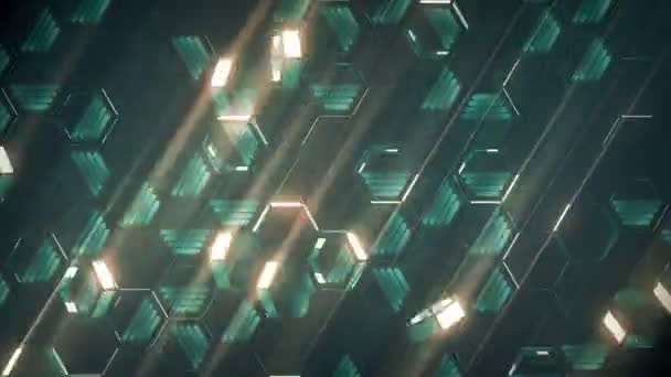 Loop animatie van glanzend groen gekleurde zeshoeken op een donkere achtergrond. 3D renderen — Stockvideo