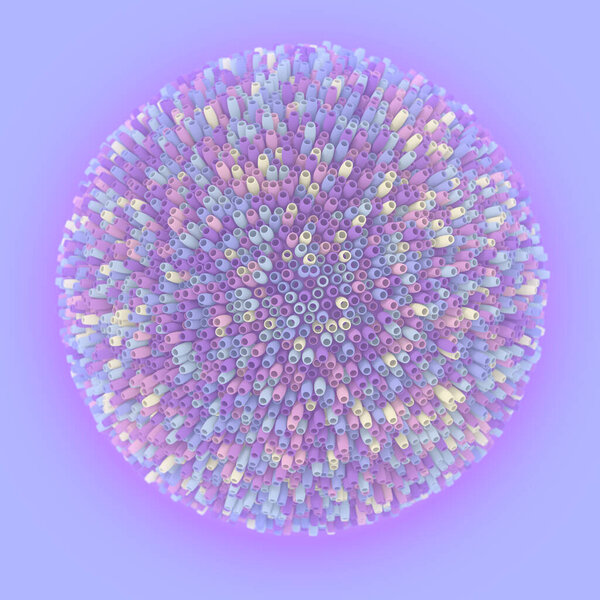 Round shape with randomly arranged colored stalks on the surface like the arrangement of seeds in a sunflower. Beautiful presentation template. Abstract geometric background. 3d rendering illustration