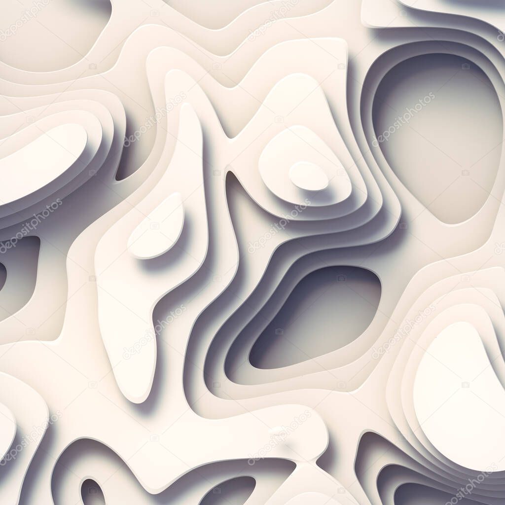 3d rendering wave bends white flowing surface. Topography map concept. Computer generated geometric pattern. Abstract design for website template. Decorative element
