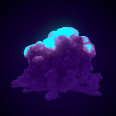 Grafik tasarımı için arka planda büyük zehirli menekşe dumanı bulutu olan fantastik ateş patlaması. Soyut ışıltı etkisi. 3d dijital resimleme