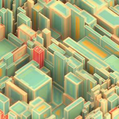 Soyut yaratıcı 3D canlandırma dijital illüstrasyon. Fütürist şehir tasarım unsuru. Çok renkli geometrik şekil