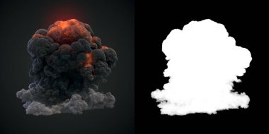 Büyük siyah duman ve alfa kanallı ateş topu koyu arka planda izole. Yanan alevler tutuşuyor, dev bir gaz patlaması. 3d dijital resimleme