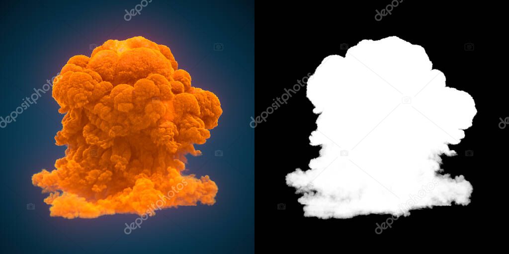 Modern 3d rendering digital illustration with large plumes of orange toxic smoke. Alpha channel to compose. Futuristic abstract background
