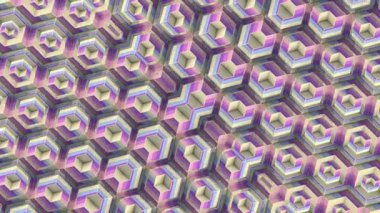 Değişen kübik yapıların simetrik döngü animasyonu karmaşık bir şablon oluşturuyor. Değişen renkleri olan dinamik kompozisyon ritim ve hacim ekler. 3D görüntüleme 4K