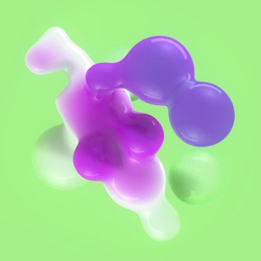 Digital illustration of smooth liquid drops with rounded shapes and a rich purple gradient. The light green background emphasizes their softness. 3d rendering