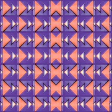 An illustration with colorful triangles on a purple background. The symmetrical pattern creates a modern rhythm and enhances the optical illusion. 3d rendering