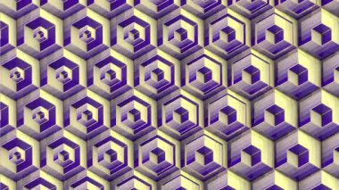 Hafifçe şekil değiştiren voluminöz küplerle kusursuz döngü animasyonu. Sarı ve mor tonlarda kesin çizgileri olan geometrik bir kompozisyon. 3D görüntüleme 4K