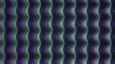 Dinamik 4K döngü animasyonu dikey mor dalgalar ve neon ışıklar gibi parlayan turkuaz neon noktalar. Müzik ve VJ için fütüristik, teknoloji esinlenilmiş bir arka plan. 3d oluşturma