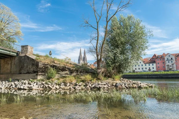 Bajo Nivel Agua Del Danubio Con Vistas Catedral Ratisbona Alemania — Foto de Stock