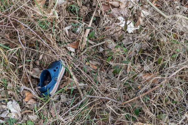 Pojedyncze Niebieskie Dzieci Sandał Wyrzucane Wysokiej Trawie Niemcy — Zdjęcie stockowe