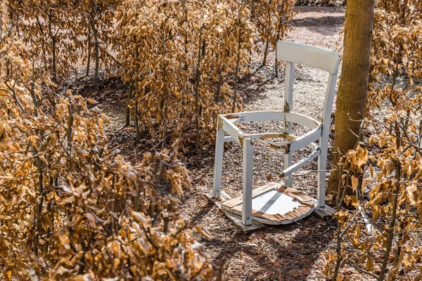 Uma Cadeira Branca Quebrada Jardim Labirinto Alemanha — Fotografia de Stock