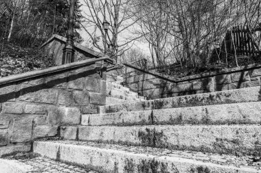 Yukarıdan aşağıya bir parkta taş merdiven siyah beyaz görüntü, Almanya