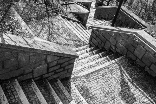 Imagem Branca Preta Escadas Pedra Parque Cima Baixo Alemanha — Fotografia de Stock