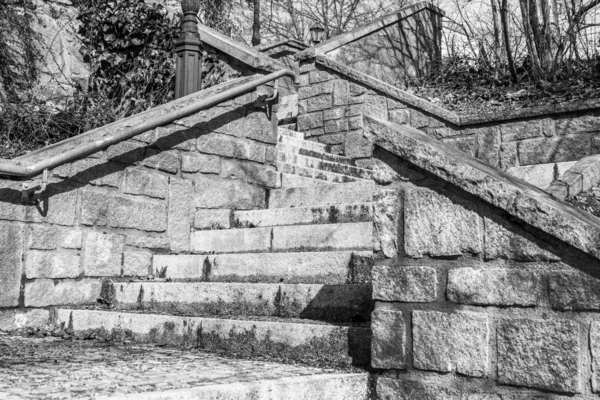 Black White Image Stone Stairs Park Top Bottom Germany — Stock Photo, Image