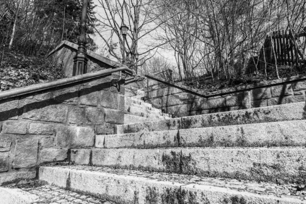 Imagem Branca Preta Escadas Pedra Parque Cima Baixo Alemanha — Fotografia de Stock