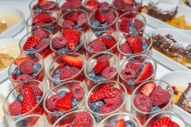 Gözlüklü mus üzerinde taze meyve li tatlı büfesi, Almanya