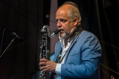Regensburg, Bavyera, Almanya, 20 Temmuz 2019, Regensburg 'da düzenlenen Caz Festivali' nde Bando Alexandrina Simeon Quintett 'in canlı müziği