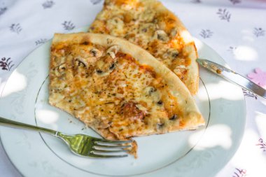 Masa örtüsü ve çatal bıçaklı bir tabakta pizza parçaları, Almanya