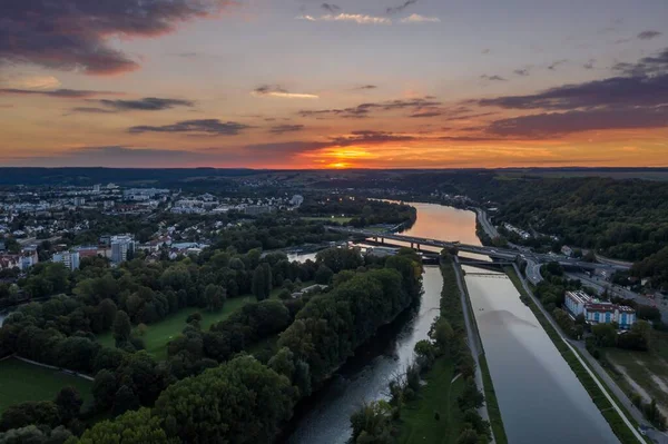 Bild Flygbild Med Drönare Staden Regensburg Vid Solnedgången Tyskland — Stockfoto