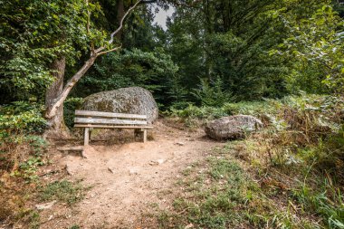 Rest area with wooden bench and stones in the Hllbach Valley in the nature reserve near the circular hiking trail in Rettenbach near Falkenstein in Bavaria, Germany