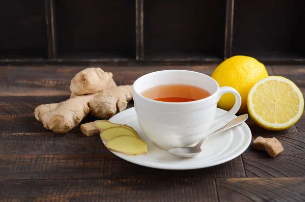 Ginger Root Tea Lemon Honey Wooden Background Selective Focus Copy — Stock Photo, Image