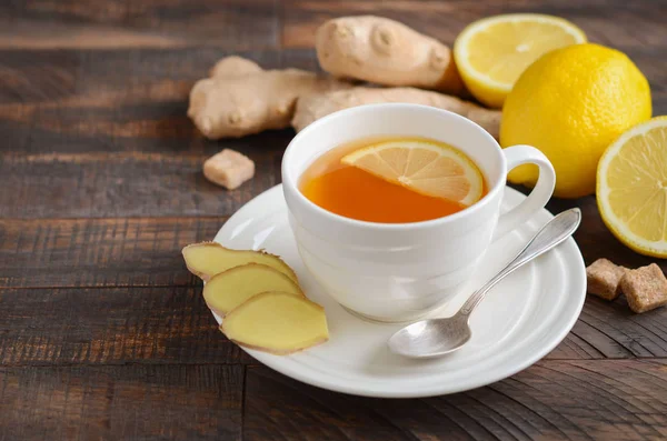 Ginger Root Tea Lemon Honey Wooden Background Selective Focus Copy — Stock Photo, Image