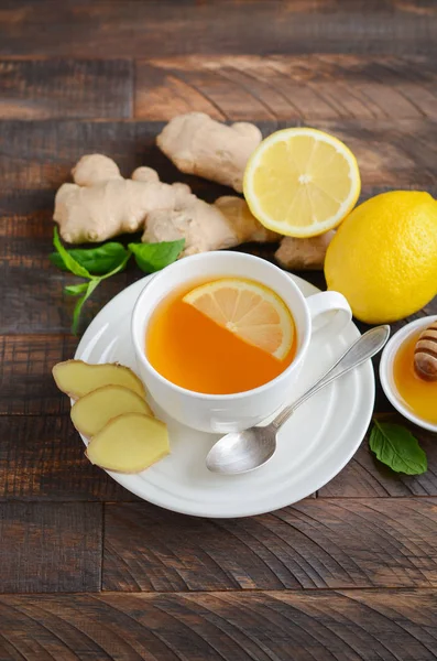 Ginger Root Tea Lemon Honey Wooden Background Selective Focus Copy — Stock Photo, Image