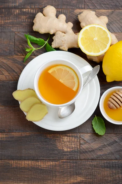 Ginger Root Tea Lemon Honey Wooden Background Top View Copy — Stock Photo, Image