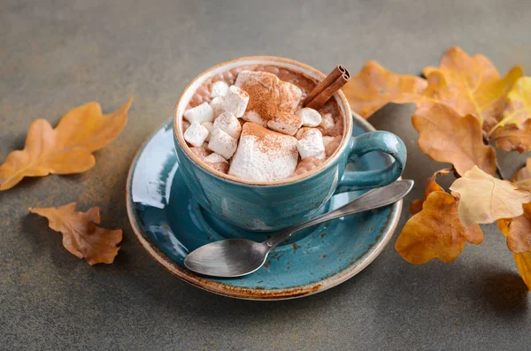 Chocolate Caliente Con Malvaviscos Hojas Otoño Sobre Piedra Fondo Hormigón —  Fotos de Stock