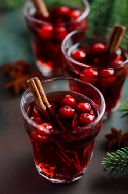 Cranberries ile kırmızı şarap mulled. Tatil kavramı çam dalları ve baharat ile dekore edilmiş.