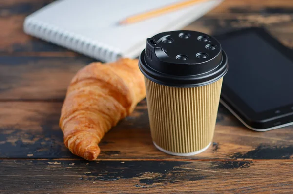 Take Away Coffee Cup Croissant Wooden Table — Stock Photo, Image