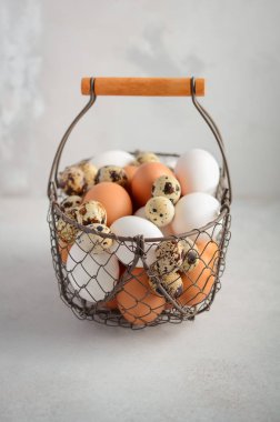Yumurtalar bir sepette gri beton zemin üzerine farklı türleri.