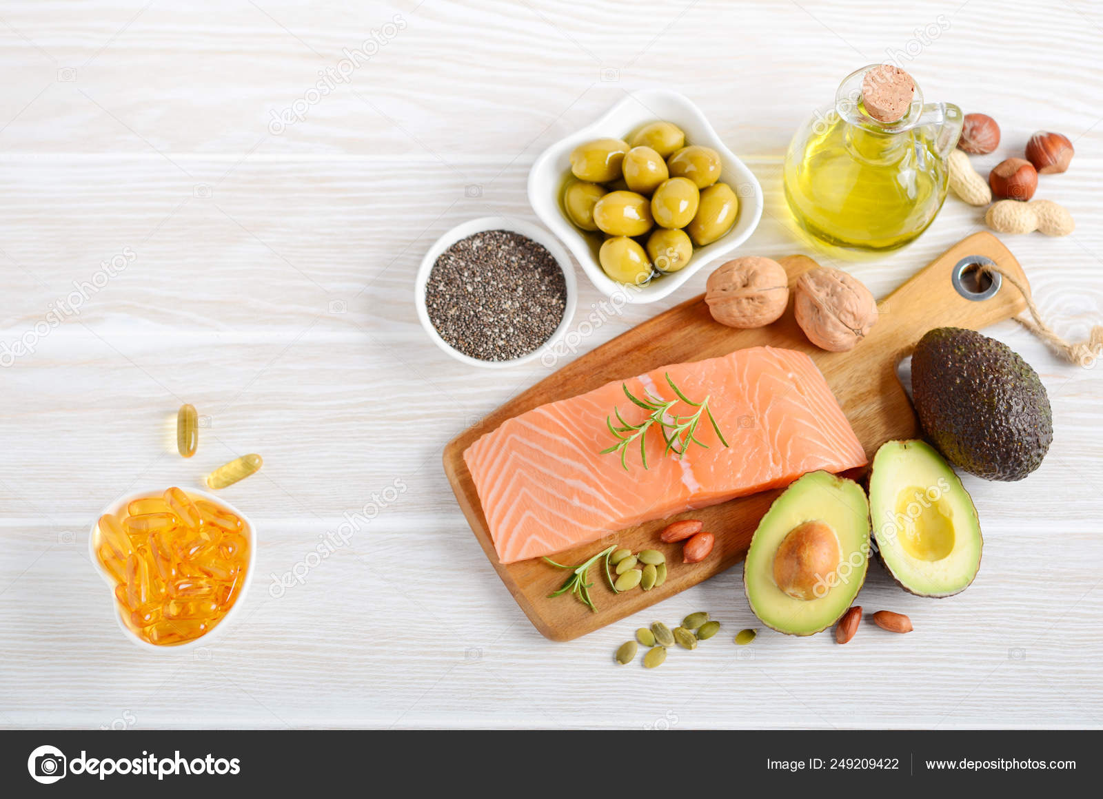Selection Healthy Unsaturated Fats Omega Fish Avocado Olives Nuts Seeds