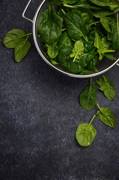 Fresh Green Spinach Leaves Dark Concrete Background Top View Flat — Stock Photo, Image