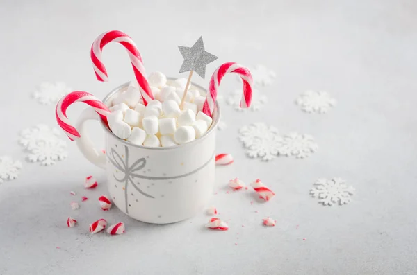 New Year Christmas Concept Composition Marshmallows Candy Canes Gray Concrete — Stock Photo, Image