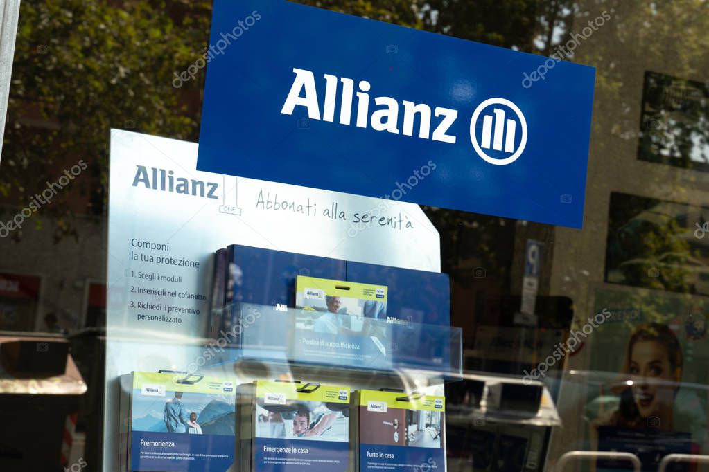 Rome, Italy - August 8, 2018: Financial and insurance group Allianz advertising material. Founded in 1890 in Berlin, Allianz SE is headquartered in Munich and is the largest German insurance company