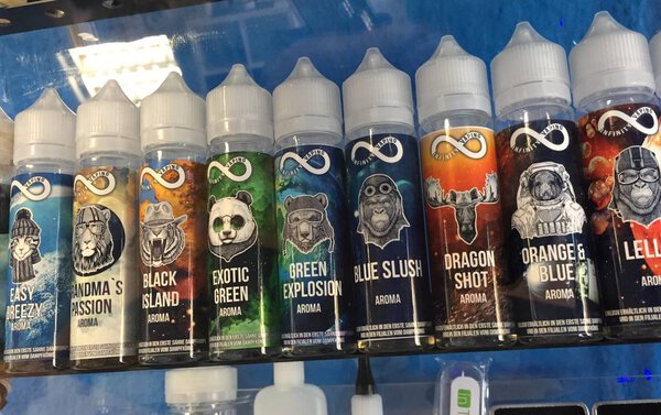 Berlin, Germany - October 19, 2018: Infinity Vape aroma liquid for electronic cigarettes displayed in a row for sale