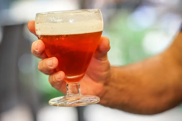 Human Hand Holding Glass Full Red Beer — Stock Photo, Image