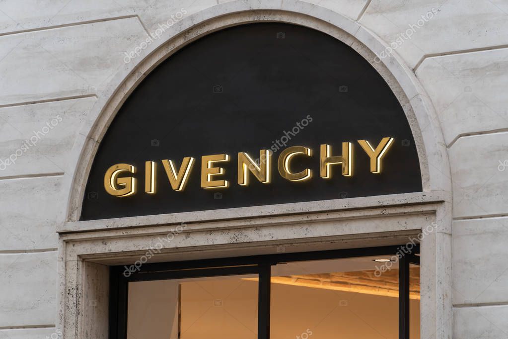 Rome, Italy - October 31, 2018: Givenchy store. French luxury fashion and perfume house, hosting the brand of haute couture clothing, accessories and Parfums Givenchy, perfumes and cosmetics
